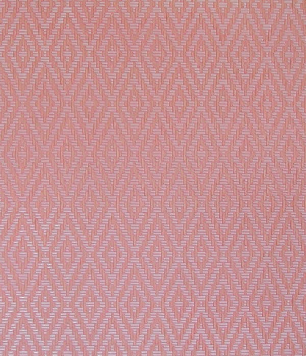 Heavily layered and textured pink and salmon oil paint on canvas creates an intricate woven diamond pattern inspired by the dress Jackie Kenndey wore during her nineteen sixty two trip to India
