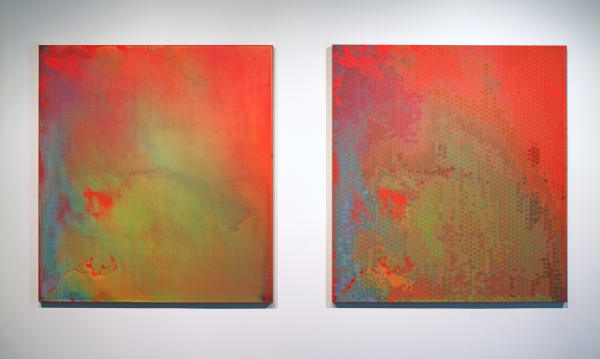 Two vibrant multi-colored paintings that color the same design and pattern however the panel to the right is done in a grid making it appear more pixelated than its twin on the left