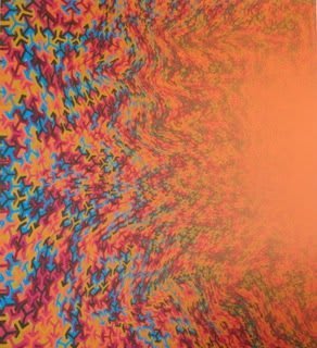 Vibrant orange tinted painting with red pink green and blue asterisk shaped forms morphing and moving in waves against each other which fade to orange as they approach the right side of the piece