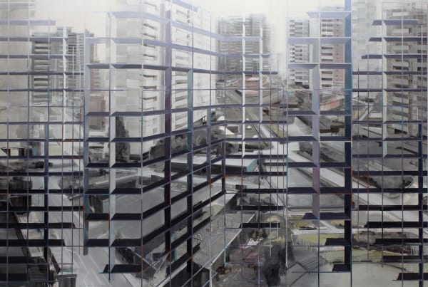 Abstract urban landscape with multiple grayscale high rise buildings and streets with small areas of green scape A grid of alternating thin and thick horizontal and vertical lines form the illusion of foreground scaffolding
