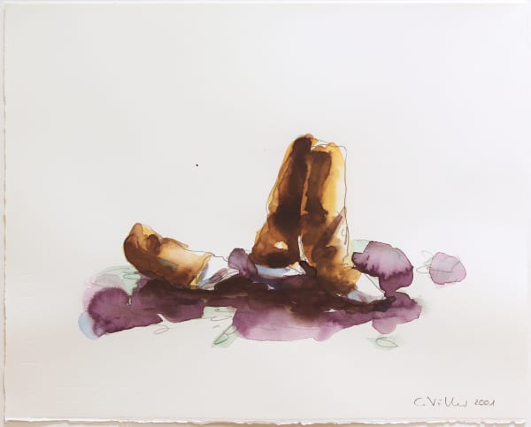 In loose watercolor and penciled outlines, three bent cigarette butts lean against each other on top of a purple puddle of liquid.