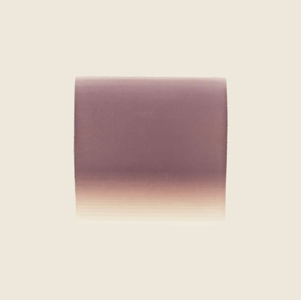 Thin horizontal lines are painted in gradient hues from tan to purple and back to tan again, creating a square color field. The gradient effect is created from the overlapping of the horizontal lines.