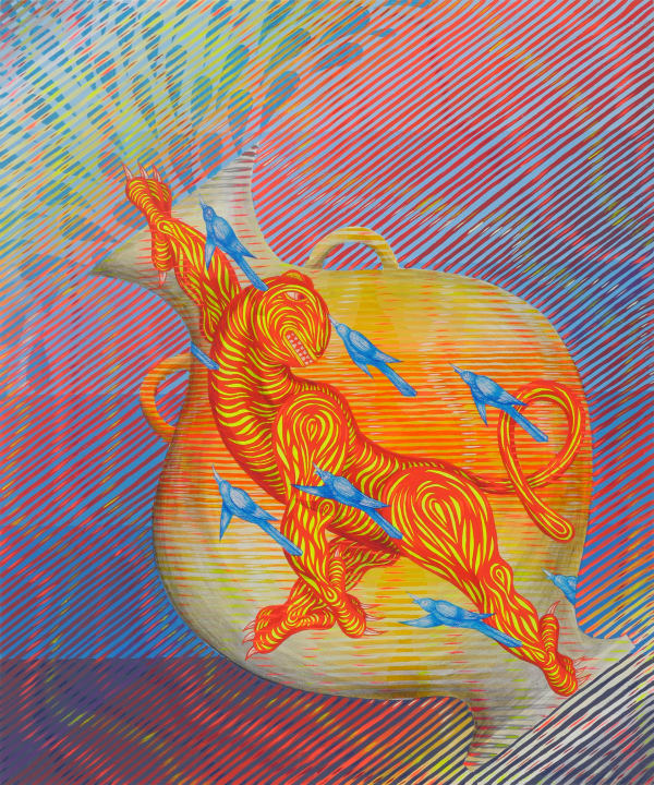 A wide-bellied vase leans left, decorated with neon orange and yellow stripes, and shoots a fountain of blue-green teardrops from its mouth. A thick bodied, abstract lion stretches left along the vase and gazes languidly right. Blue birds dart up and left along the vase and the lion. Horizontal and wavy line work creates a mostly blue and pink background.