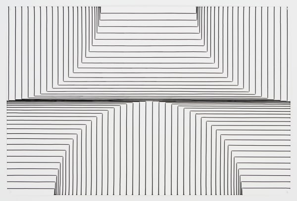 Horizontal and vertical straight black ink lines which form one semi circle in the bottom center of the paper and two half arches in the upper left and right corner. The black lines contract as they approach the horizontal center of the paper to give an effect of an optical illusion.