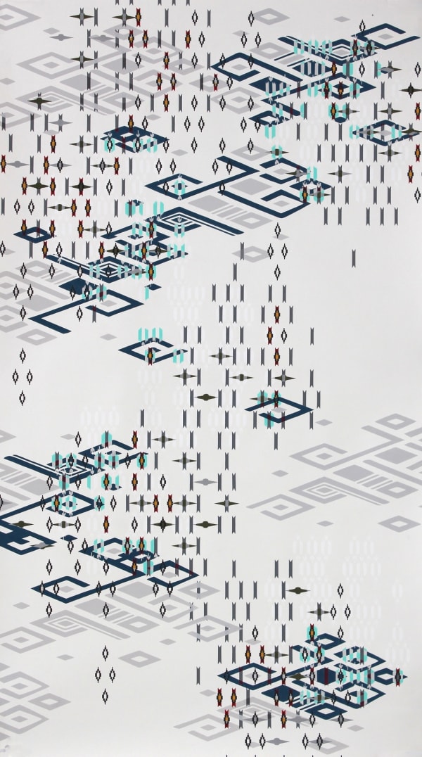 Black and blue hues create intricate diamond patterns referencing various indigenous textile patterns overlap and cascade down the length of a light gray piece of paper