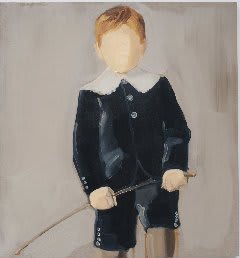 Young faceless boy in navy outfit holds stick while facing the viewer. The composition is cropped so his lower legs are not visible.