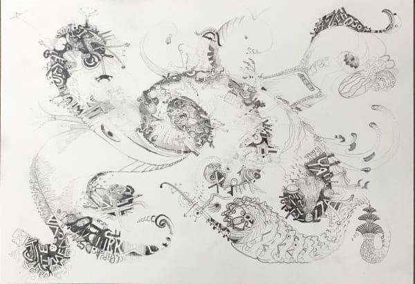 Highly detailed surreal graphite drawing on paper which employs a mix of organic forms and typography