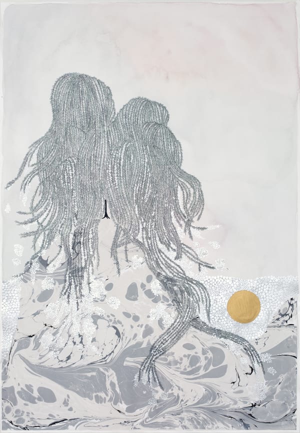 Mixed media landscape with a long flowing willow tree at the top of a gray and white marbled mountain top. Silver metallic pointillism clouds float around the left edges of the piece and in a small valley towards the bottom right where a small gold metallic moon rests