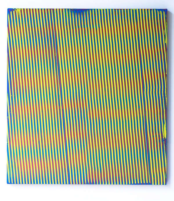 Yellow green and blue paint layered to create a slanted moiré effect