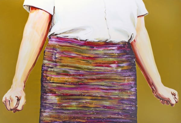 Torso of person wearing white blouse and skirt with multi-colored horizontal stripes has arms out to the sides with hands clenched.