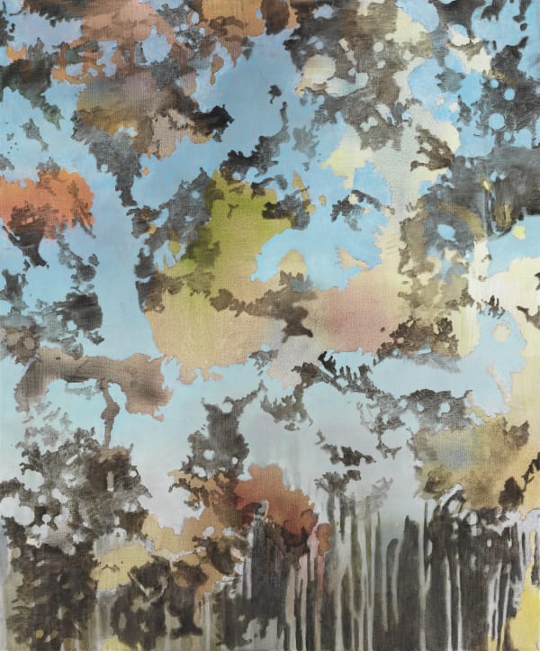 Set against a light blue background, dark brown continent-like shapes are layered over similar softer shapes in orange and light green. The blue background drips onto a brown background at the bottom of the canvas.