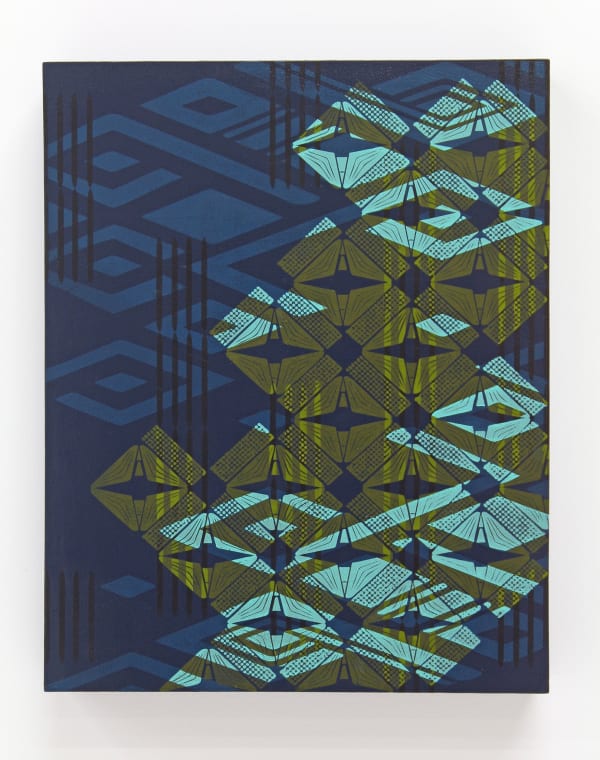 Multi-colored intricate diamond patterns referencing various indigenous textile patterns overlap across the surface of the navy painted panel