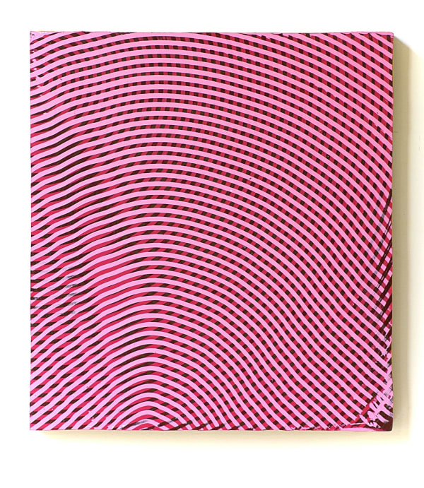 Pink and red and black paint layered to create multiple wavy moiré effects