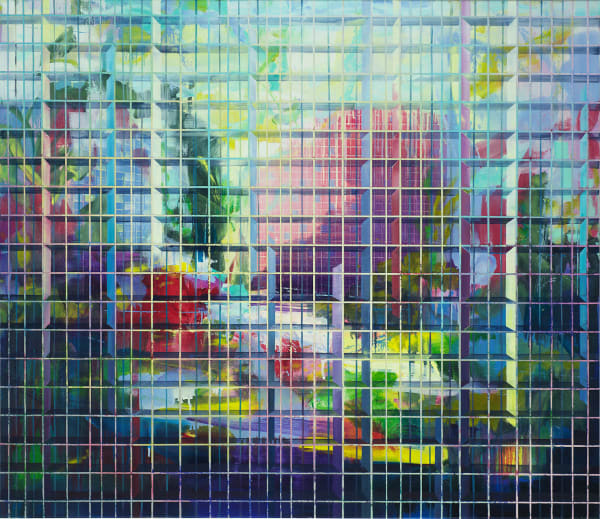 Colorful abstract landscape alludes to several high rise buildings amongst garden space A grid of alternating thin and thick horizontal and vertical lines form the illusion of foreground scaffolding
