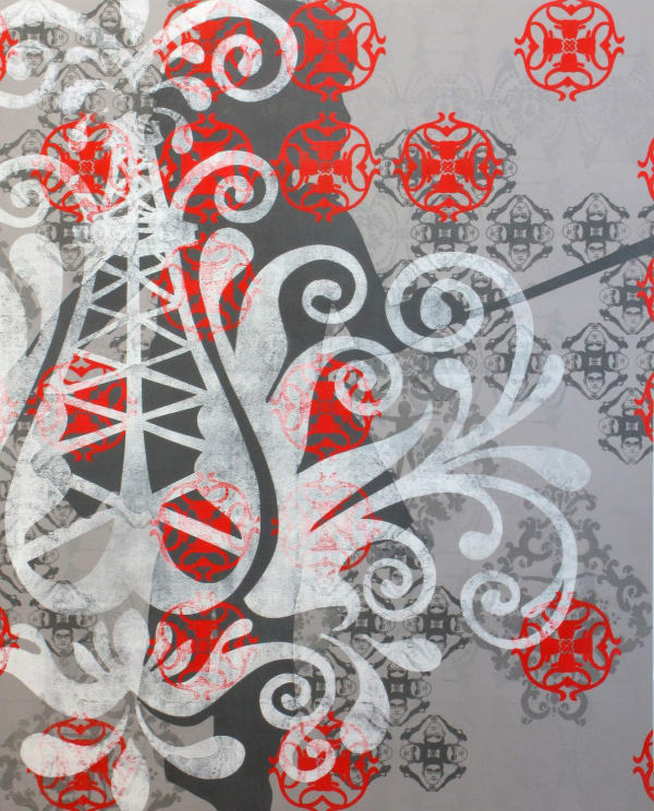 Several silkscreen layers of red white and dark gray paint overlap to display several patterns on a gray painted panel The patterns depict vegetal motifs, stereotypical asian iconography, modern pop culture icons, and elements from the artist’s Asian American upbringing in the primarily white suburb of Orange County California