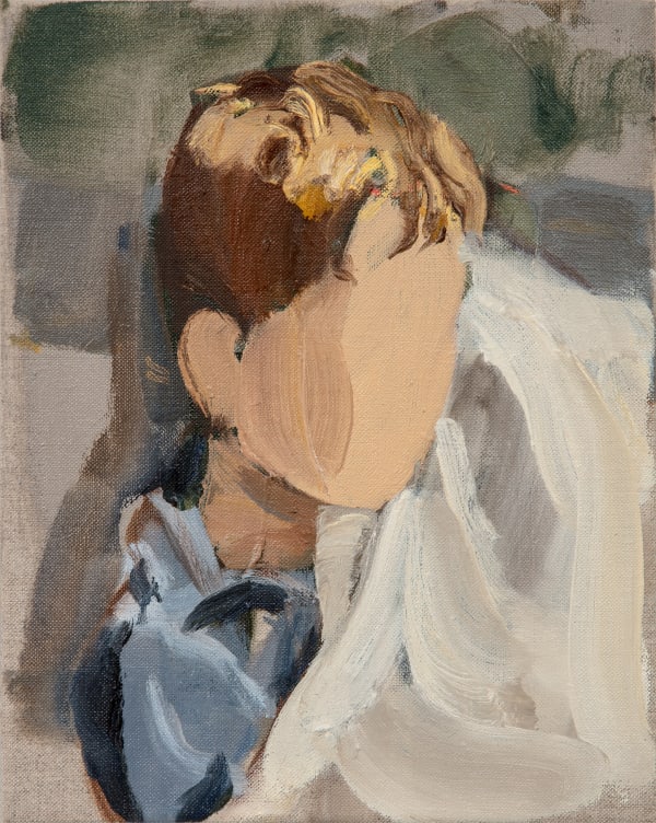 Faceless young boy hovers between sitting and lying down, holding bed covers up to his face.