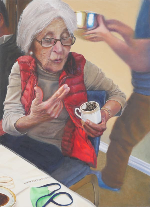 Tim Hawkinson Mary-Louise Reading My Cup (Woodpecker), 2021 oil on panel 10 1/2 x 7 5/8 in 26.7 x 19.4 cm