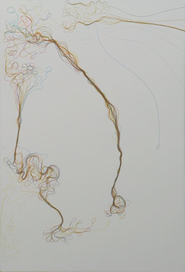 Three different strands of fine multi-colored thread pasted onto a white painted canvas On the ends and in parts of the rope’s center the threads spread out in swirls and coil