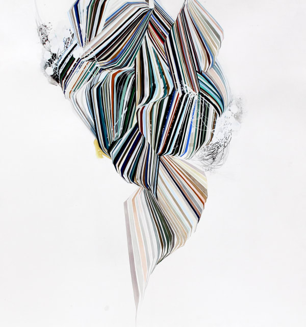 Abstract mixed media piece of a central mass made up of layered and interconnecting multicolored several waves. The waves consist of multiple thin and thick lines, paint drips and white fine line loops. The mass is surrounded by white negative space