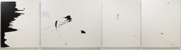 Four large rectangular white canvas panels of different dimensions are decorated with various sized figurines found objects along with drips and splotches of black red and white acrylic paint