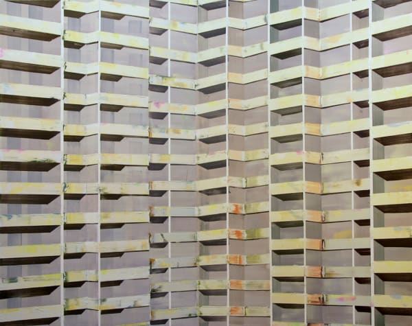 Thick pale yellow brushstrokes stop and continue across pale multi-colored vertical stripes which form the illusion of multiple urban balconies