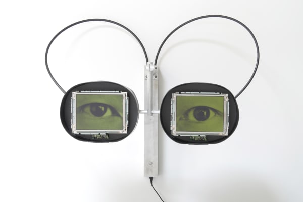 Two rectangular monitors displaying green/yellow eyes with wandering eyes. The monitors are in black rubber circles and are connected to silver metal bar that is mounted to wall by two rounded rubber wires.