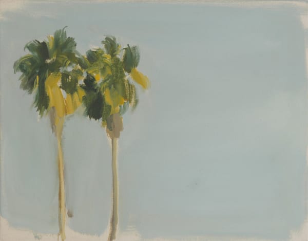 Two palm trees on the left side of the composition with blue sky background.