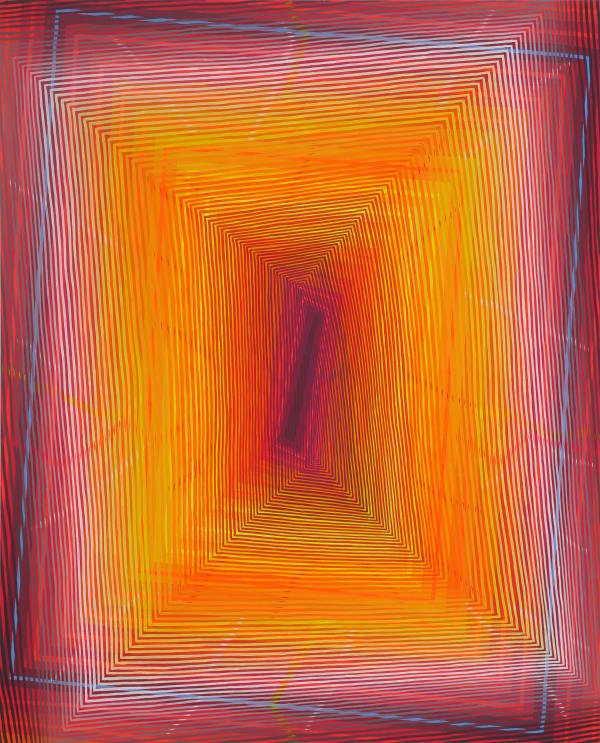 Overlapping, radiating, neon rectangles.