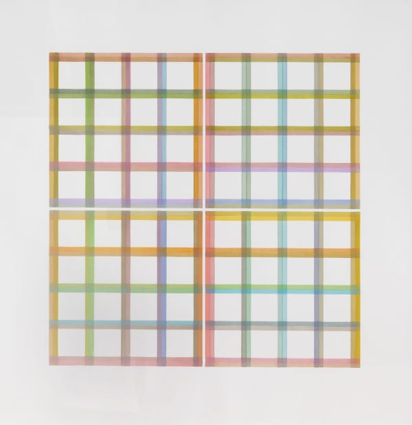 Four separate four-by-four grids arranged in a square shape are set against a white background. Each grid is created from horizontal and vertical lines of many colors that overlap and bleed into each other.