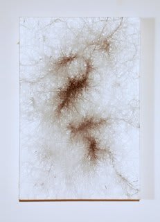 White painted background with multiple brown ink brush strokes which appear to sprawl out from several concentrated areas along the length of the canvas