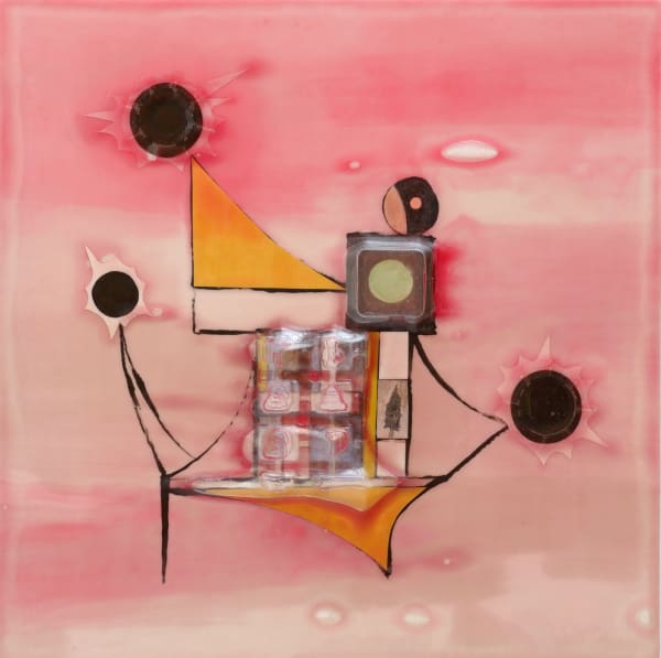 Vibrant mixed media piece depicting a geometric figure made out of interspersed cut out black ballpoint pen landscape drawings, found plastics, multi-colored painted shapes and black lines. A pink and white wash creates a simple background and the entire piece is covered in a textured bio-resin