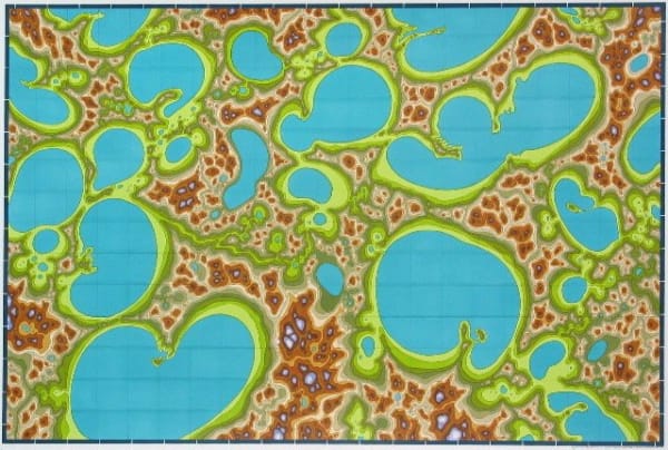 Several earth-toned speckles and blops outline and surround multiple variously sized irregular round shapes in a way that alludes to a boiling surface