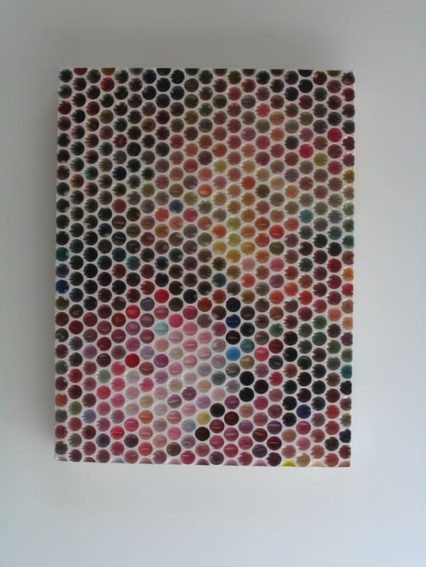 Bubble wrap indents cast into plaster and painted in various colors to make the surface appear mostly brown red and pink