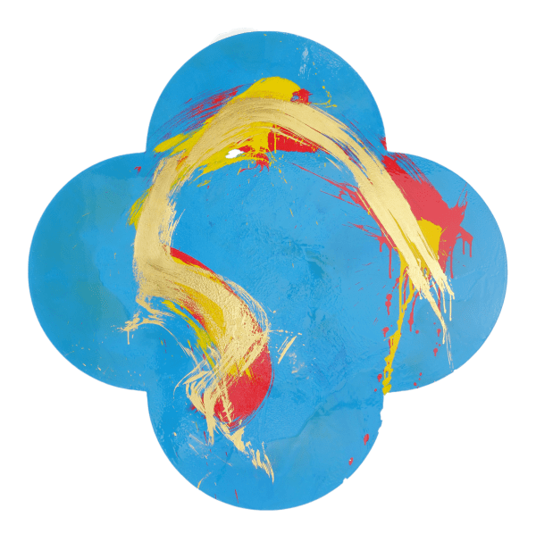 Red and Swiss gold leaf hasty brush strokes curve across the blue painted quatrefoil cut canvas