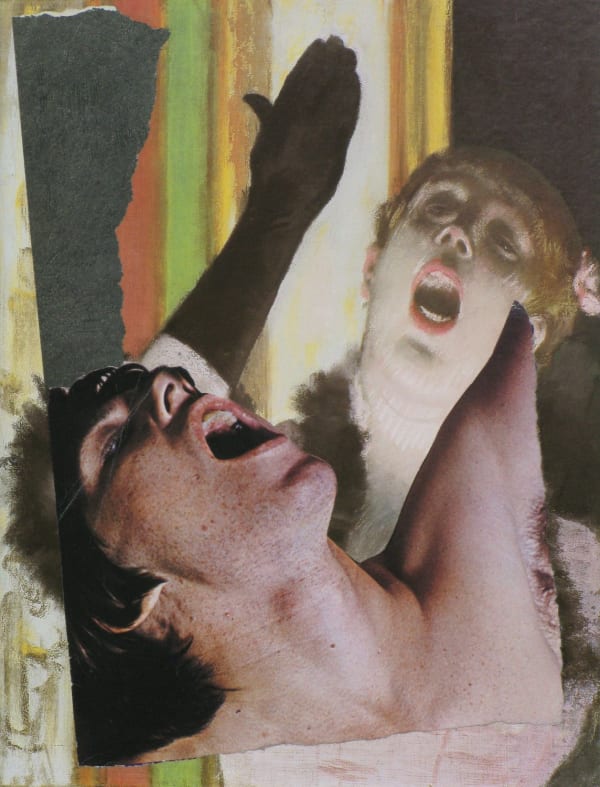 Two figures, one male and one female, are depicted with their mouths open as if they are singing. Figures are placed in front of a striped colorful background.