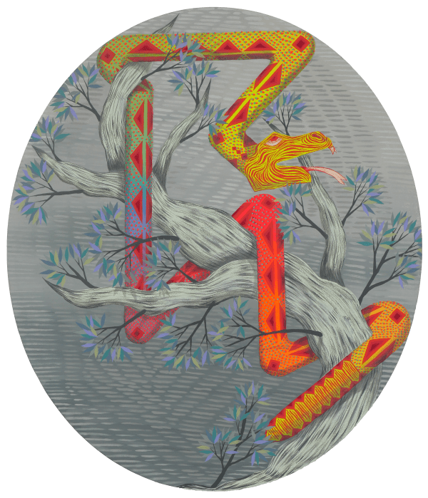 Elliptical painting of a neon serpent winding angularly around a light grey tree sprouting bright lavender, yellow, and teal leaves. Background of dark and light grey line work.
