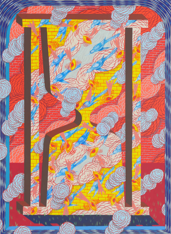 Blue birds and yellow and orange eyes float across hourglass-shaped frame of yellow and red bricks in front of background of red and white clouds.