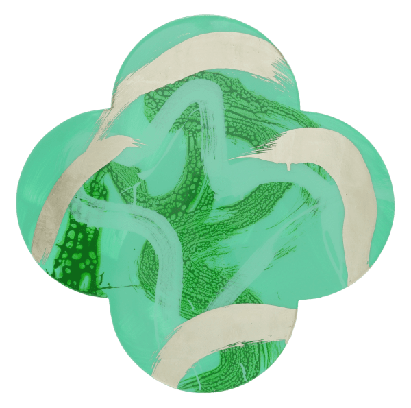 Dark green mint green and lemon gold leaf hasty brush strokes on mint green painted quatrefoil cut panel