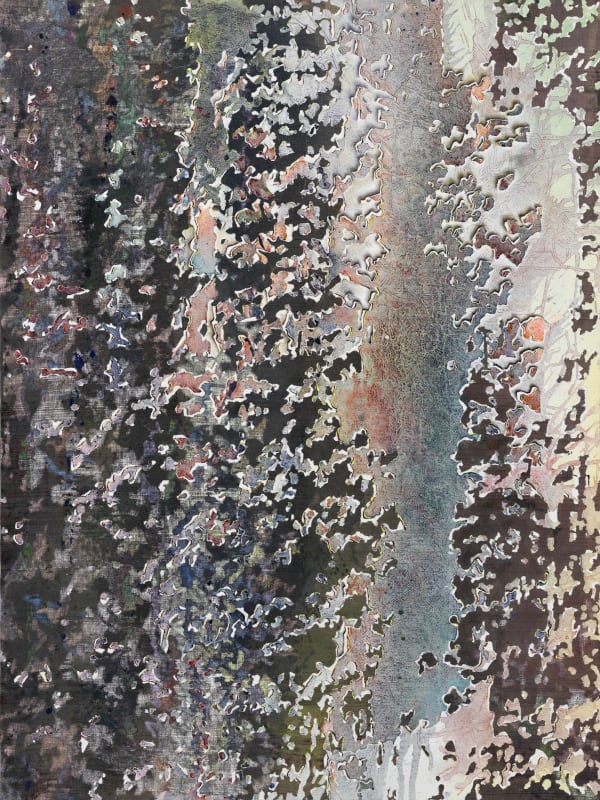 Camouflage-shaped vertical stripes of paint in shades of black and brown gradually become lighter from left to right on top of a background of multicolored, pastel lines.