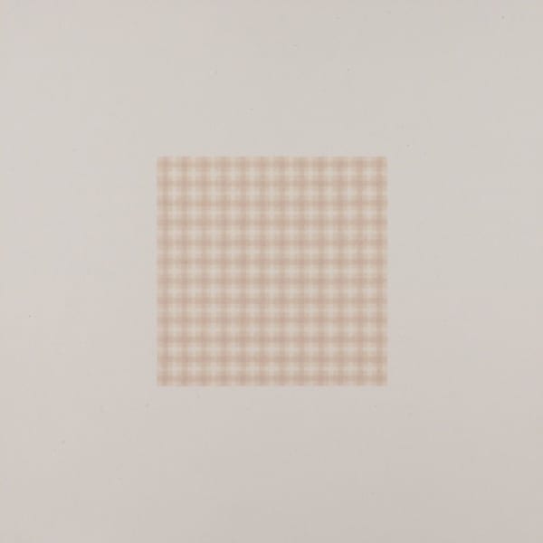 Soft tan and light pink horizontal and vertical lines create an intricate grid in a square shape against a white background.
