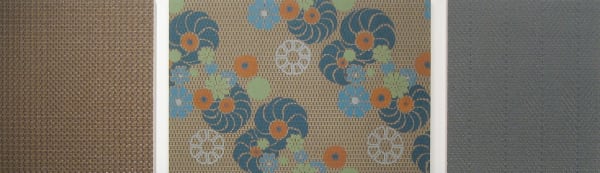 Heavily layered and textured earth toned paints on canvas create an intricate woven blue green white and orange floral pattern inspired by the pattern of the furniture described in the novel Babbitt by Sinclair Lewis. On the right and left combinations of reds blues and browns come together to create other woven textured pieces inspired by same novel