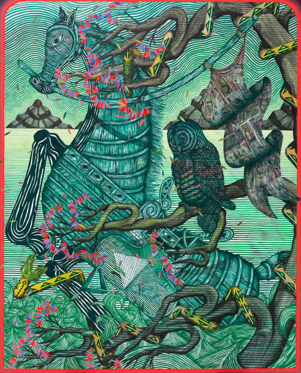 Andrew Schoultz In This Age, War Is Always Struggling to Stay Afloat, It Can Float for a While, but in Time, Nature Will Swallow It, 2025 acrylic, graphite and collage on canvas over panel 78 x 63 in 198.1 x 160 cm