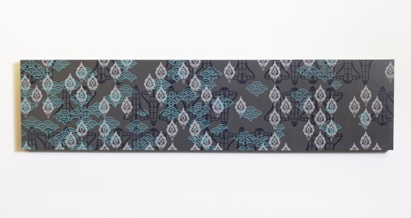 Several silkscreen layers of blue white and black acrylic paint overlap to display several patterns against dark gray painted panel The patterns depict vegetal designs, stereotypical japanese iconography, and elements from the artist’s own Asian American upbringing in the primarily white suburb of Orange County California