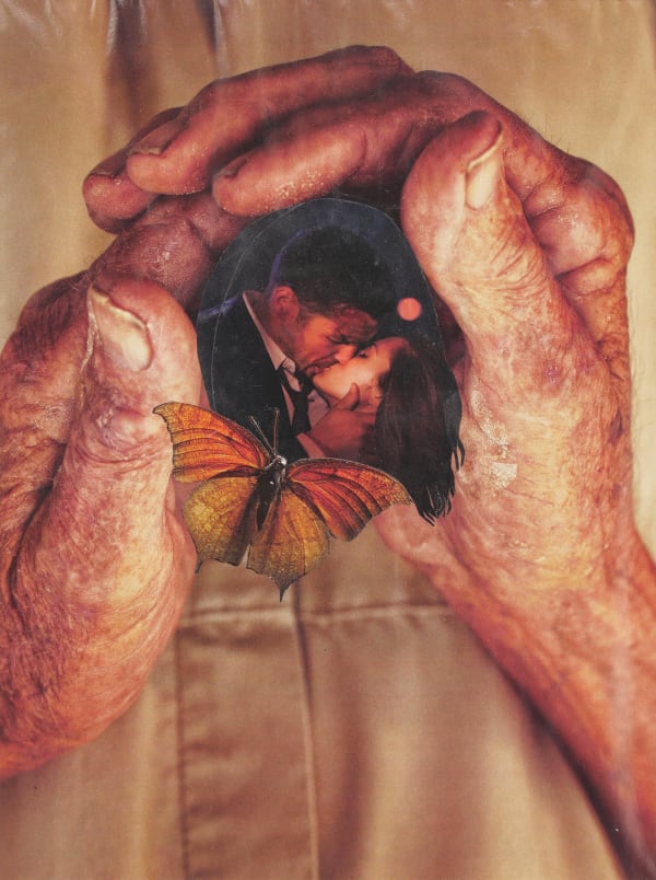 Paper collage of various cut outs from early twenty tens magazines display a pair of old withered hands holding an oval image of a man and woman kissing. On top of the intimate image an orange butterfly rests at the lower left side