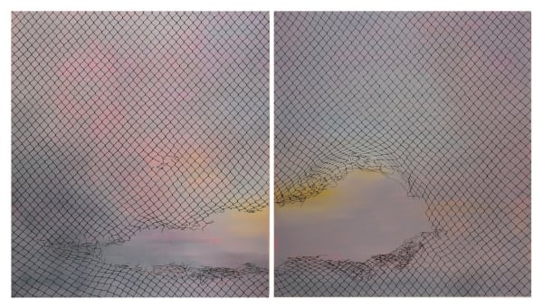 Two paintings that form the image of a blurry multi-colored sky with that can be seen through through a black diamond wire fence The fence has a large torn hole towards the bottom of the piece