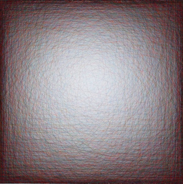 Layers of multi-colored threads strung across a square wooden and plaster panel create the effect of a glowing light gray center that is enclosed by a dark maroon border
