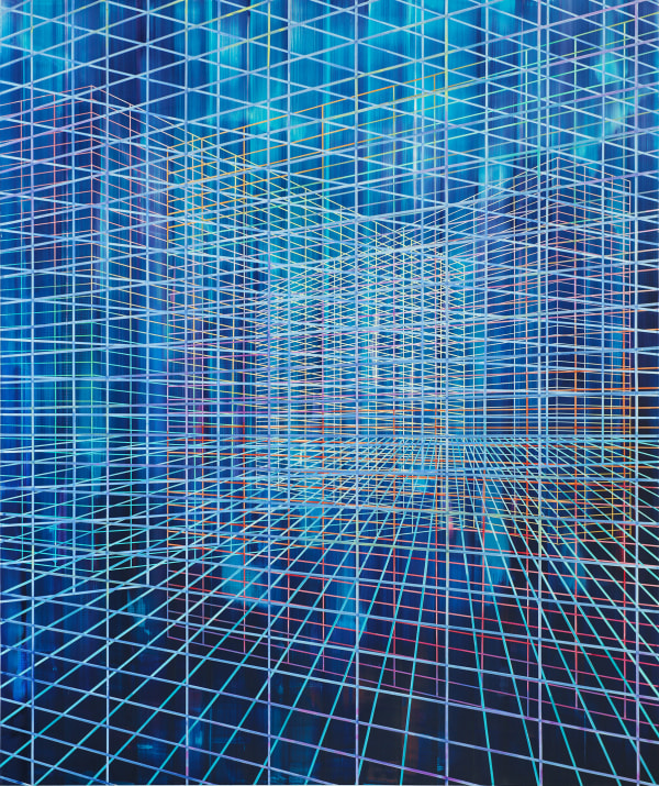 Multi-colored thin straight lines overlap and intersect to create a digital like graph amongst dark and light blues