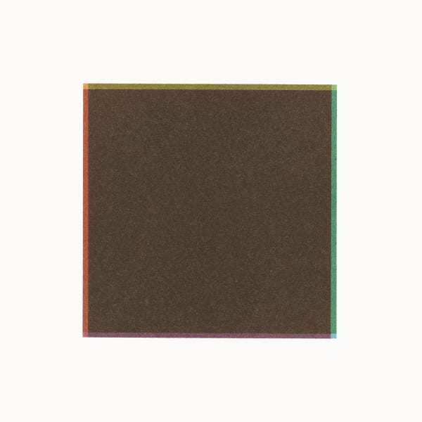 Against a white background, brown square is created from tiny dots with a perimeter of yellow, green, purple and red on each side. The corners of the square are entirely different colors created from the overlapping of the perimeter colors.