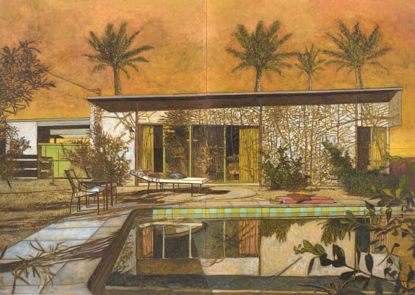 Against orange sky and palm trees, scene is of Mid Century modern house, patio with colorful lounge chairs and pool (with house’s reflection). Scene is painted in sepia tones.