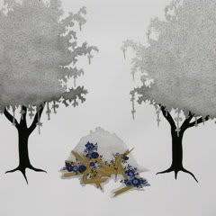 Mixed media landscape of two black and white trees surrounding a dark muted pile of various purple flowers and green leaves